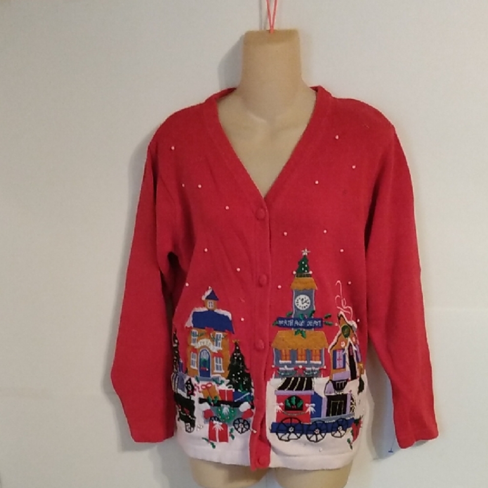 Vtg Cabincore Christmas Northpole Red Cardigan Sweater Victoria Jones